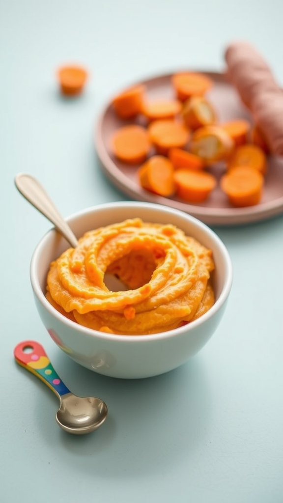 Nutritious Sweet Potato and Chicken Mash for Babies Creamy sweet potato and chicken mash for babies in a bowl with a baby spoon.